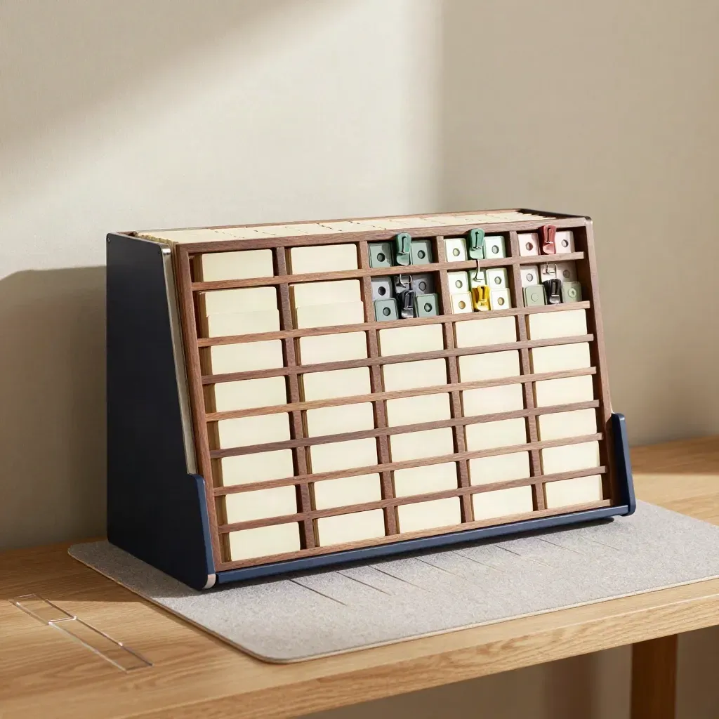 Sorting board with postcode chips, blank tokens and navy clips on an oak workbench