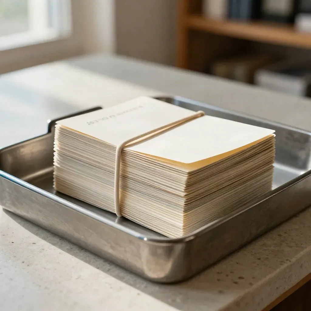 Filtered prospect cards and a metal tray on a sunlit stone counter with a cobalt accent.