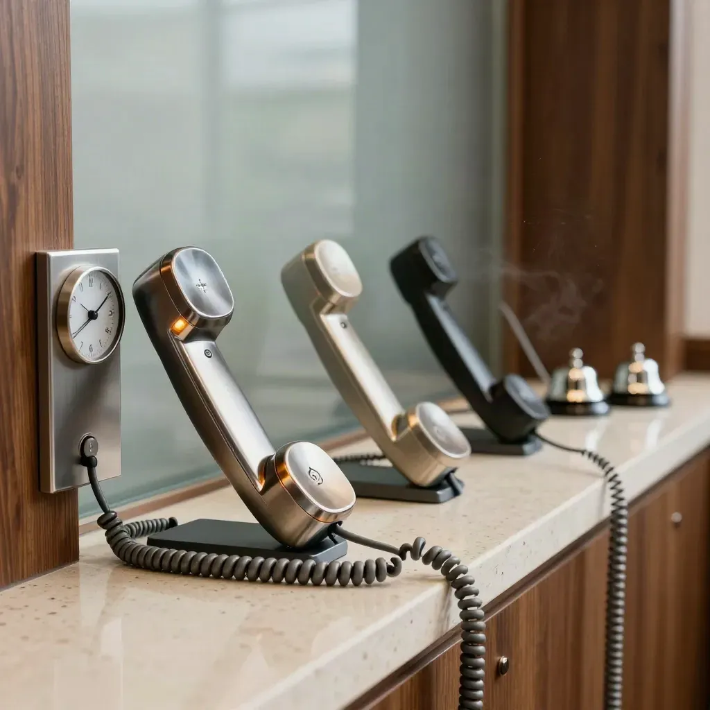 Three handset cradles, clock and bells in a warm booking moment on travertine