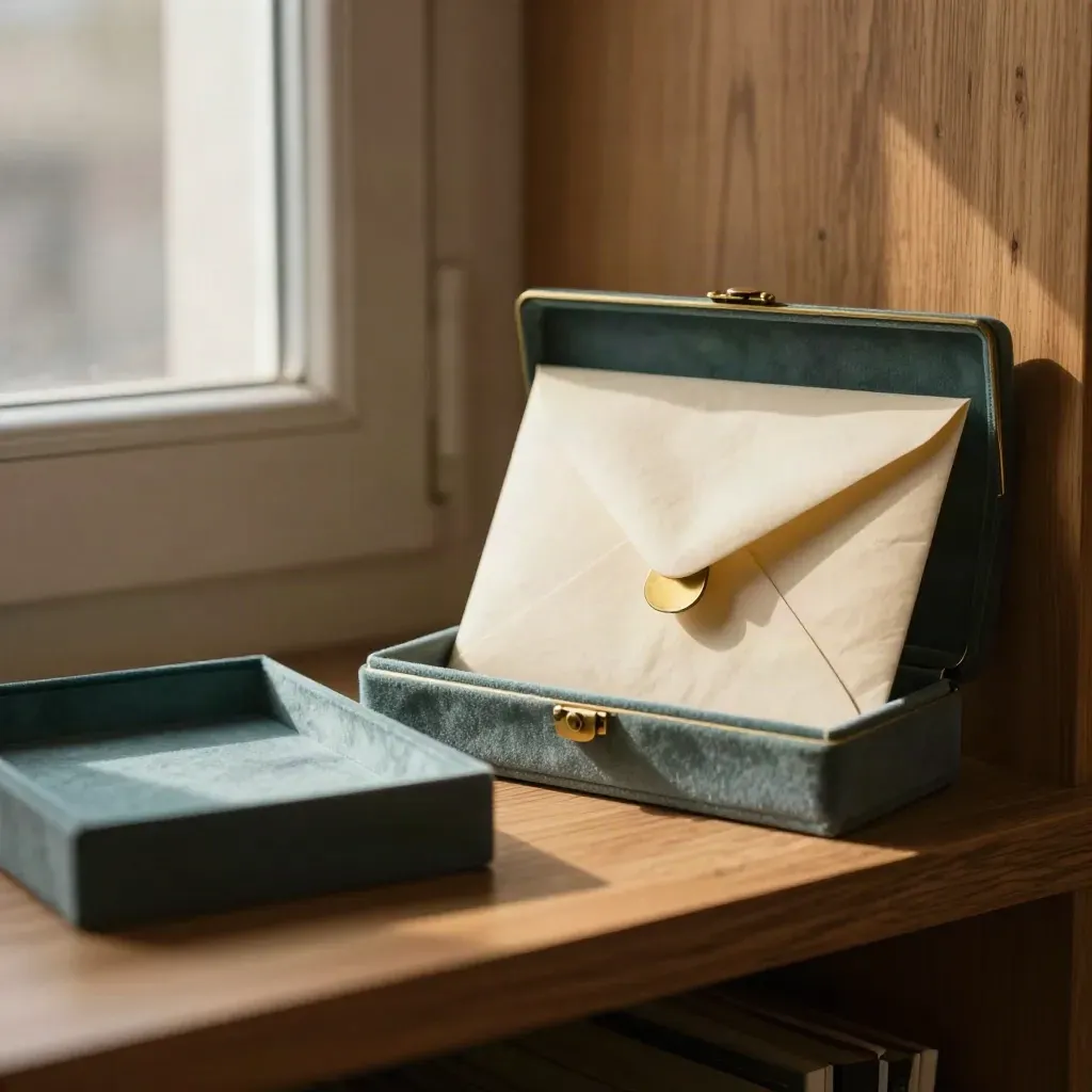 Sealed lead envelope in a teal velvet-lined box beside an empty matching box on warm oak.