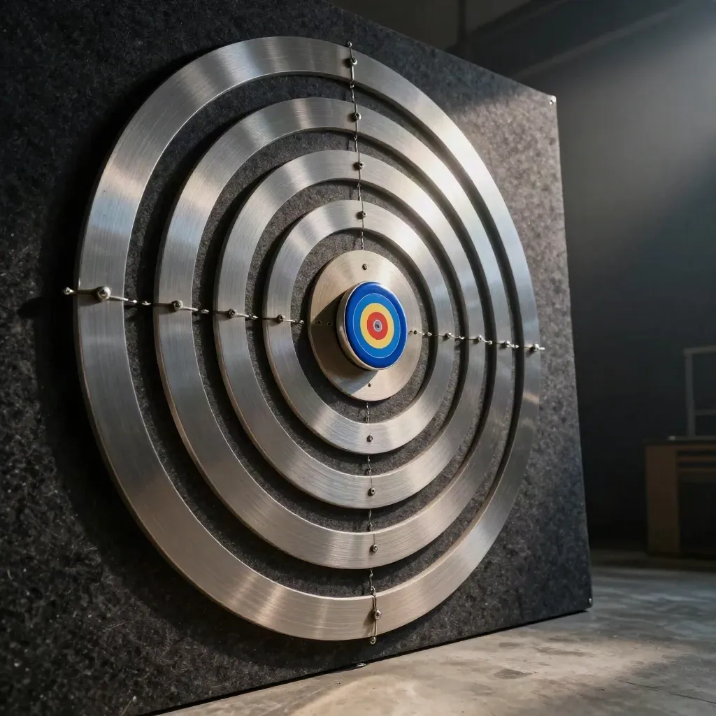 Cinematic target board with magnetic rings, route markers and a lit bullseye puck.