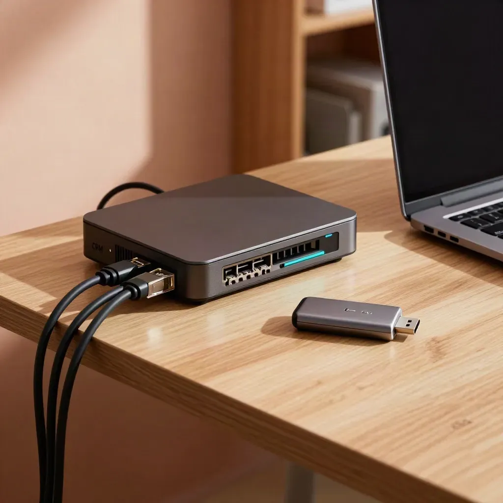 Closed laptop, ethernet leads, USB key and compact hub on a warm workspace for CRM handoff.
