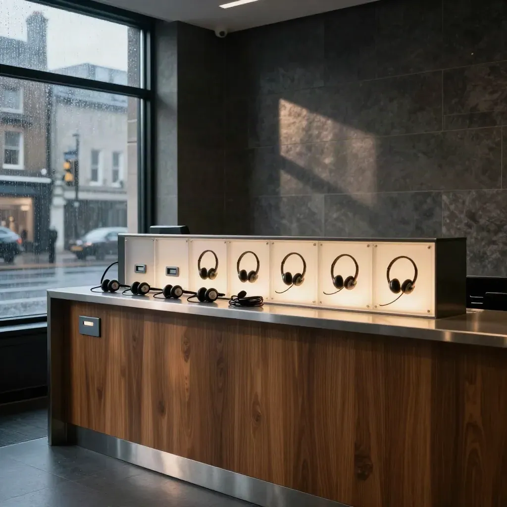 Empty London agency reception with glowing call slots and headsets by a rain-lit window.