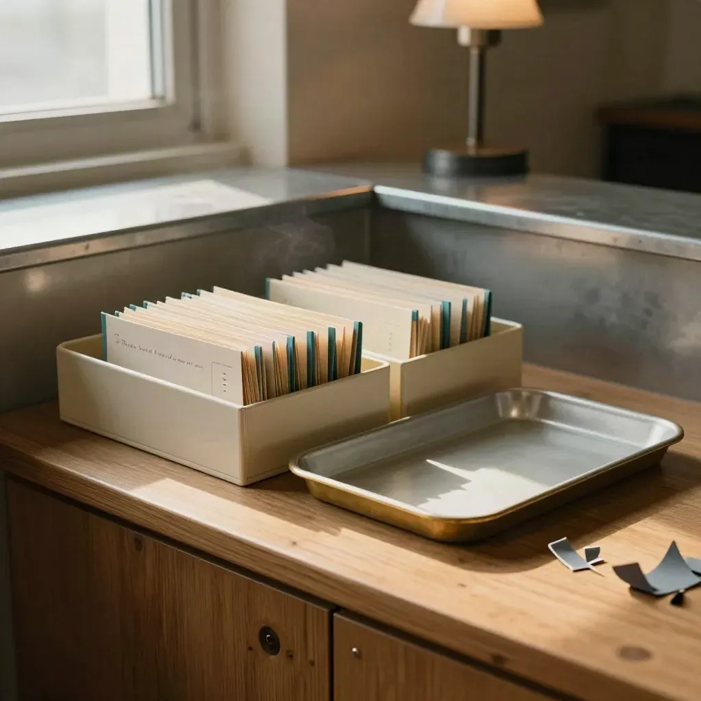 Quiet lead sorting trays by a window, matched accounts kept and rejected tray set aside