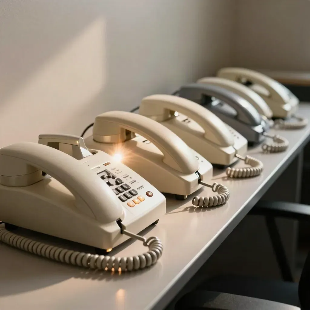 Five ringing desk phones lined up with standby handsets behind in a modern office