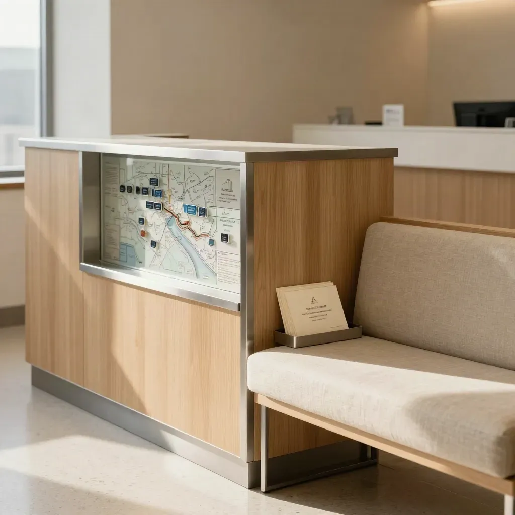 Clinic referral counter with pins, sealed cards and a quiet waiting bench
