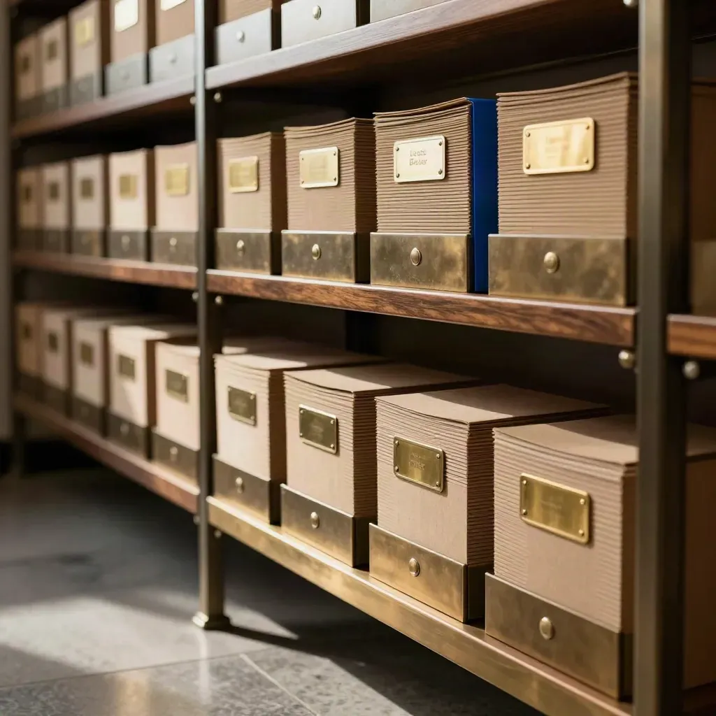 Premium mailroom shelves of thick client packs and brass labels in warm bronze light.