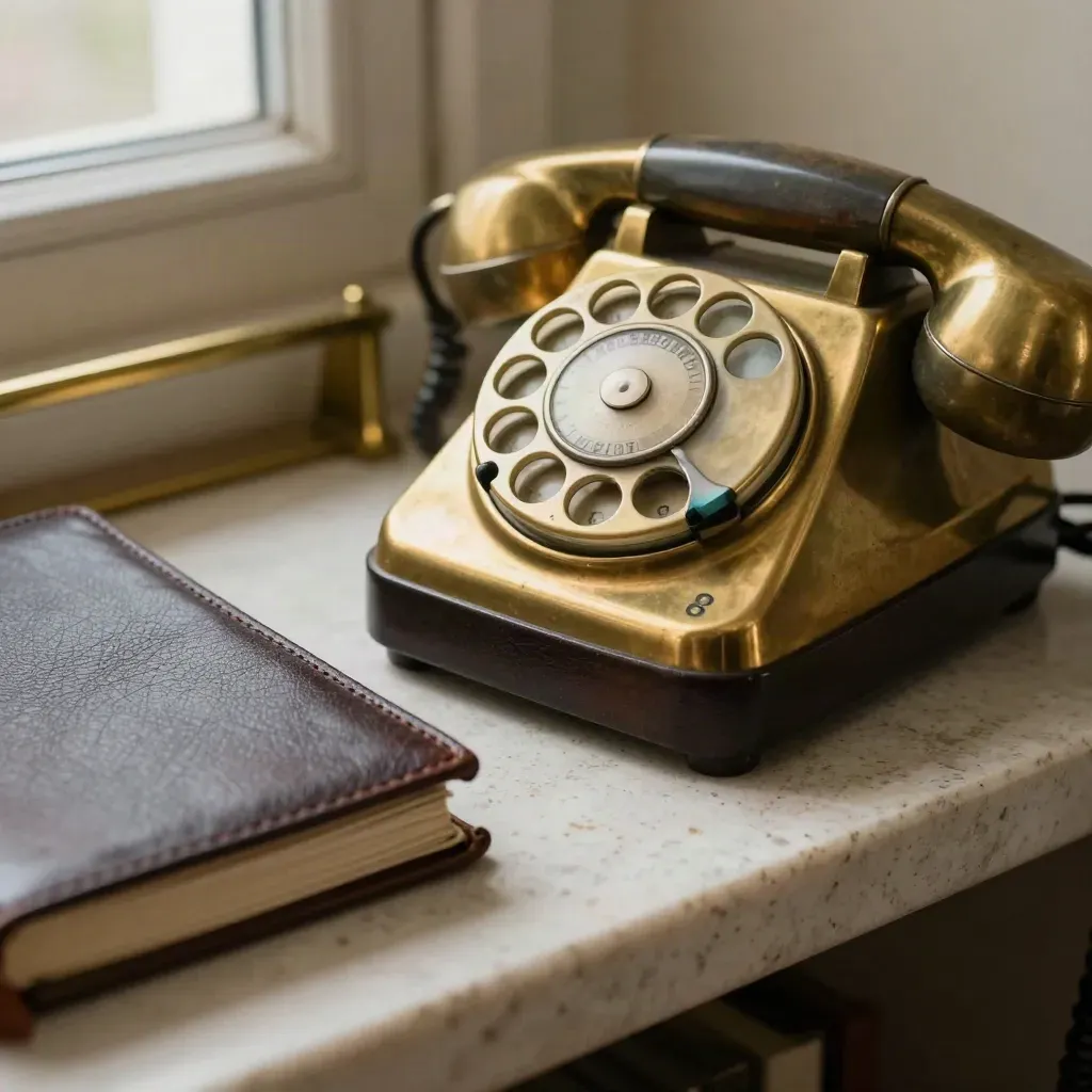 Brass phone dial, postcode chip ring, and leather call ledger on travertine