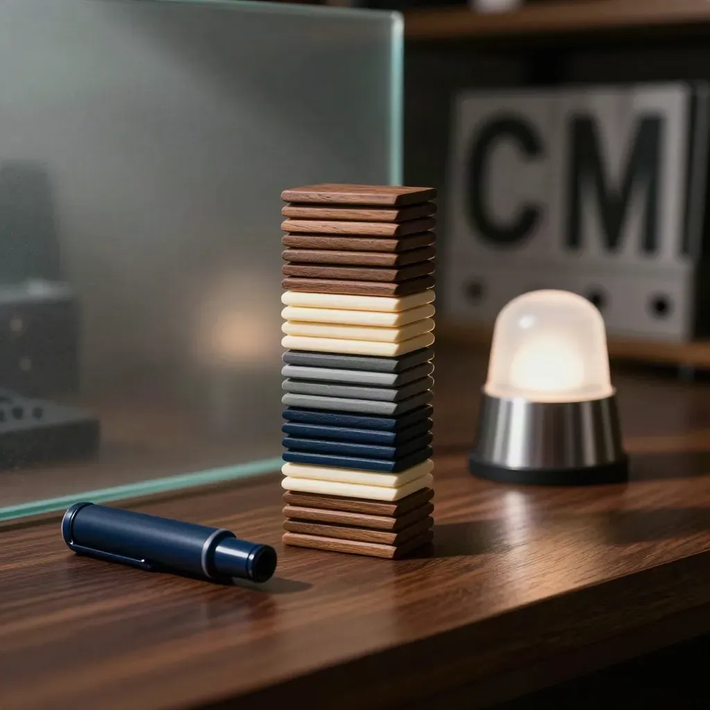 Colour chips, marker cap and routing beacon on a walnut workbench in dramatic studio light