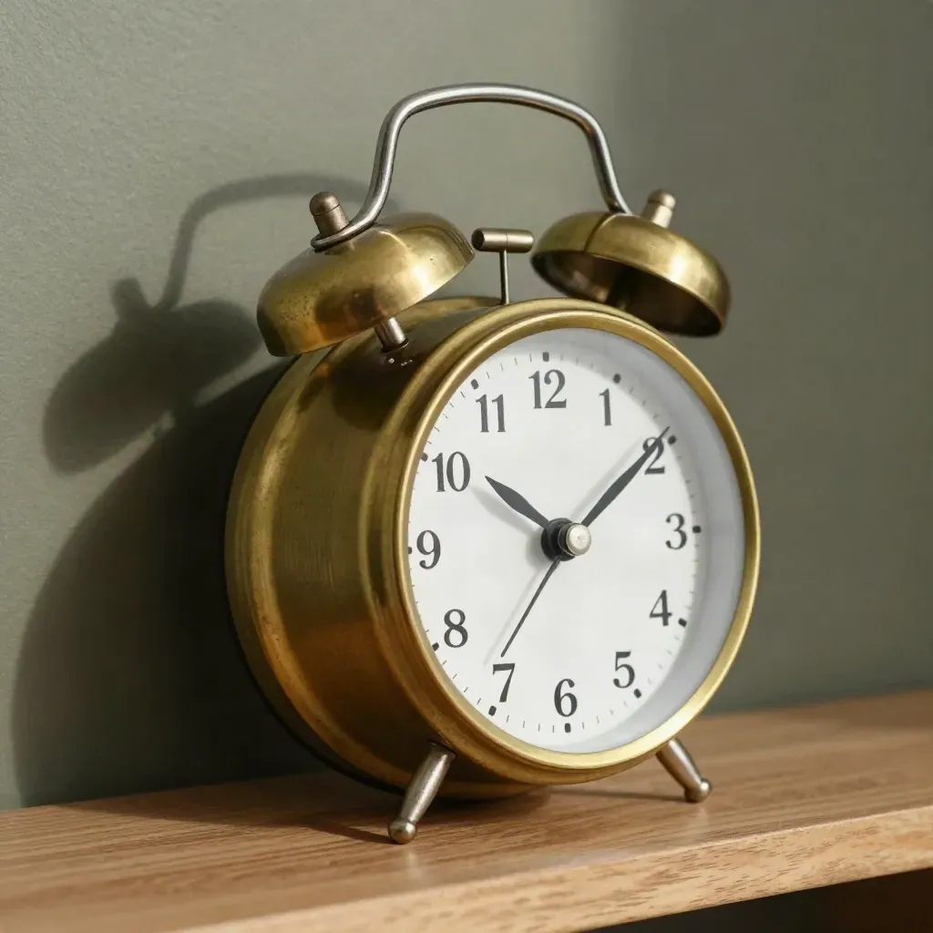 Brass alarm clock, polished handset keys and appointment bell on worn oak, lit by hard side light.