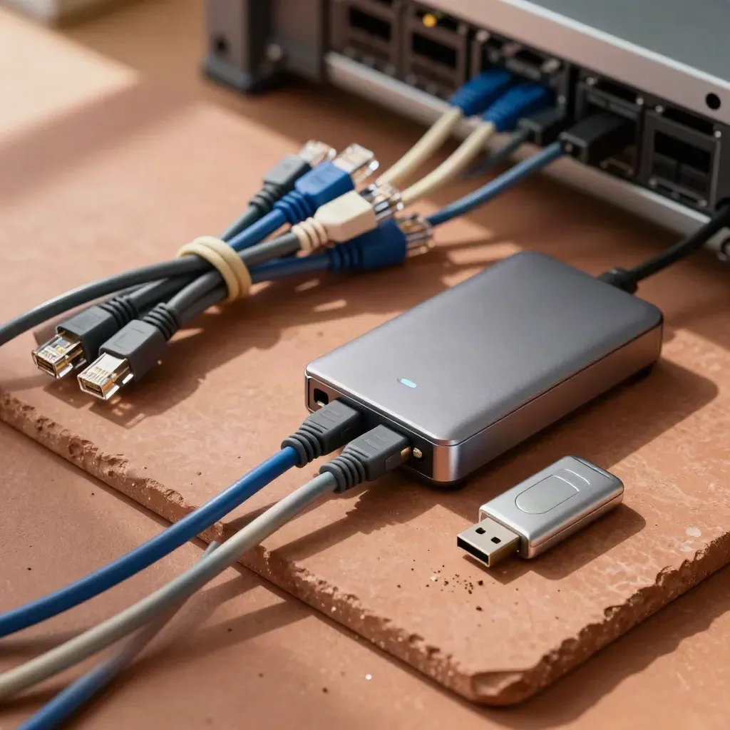 Overhead still life of patch cables, a network hub and USB key on terracotta stone.