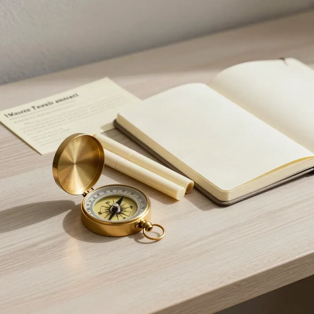 Brass compass with sticky markers and a closed notebook on pale wood.