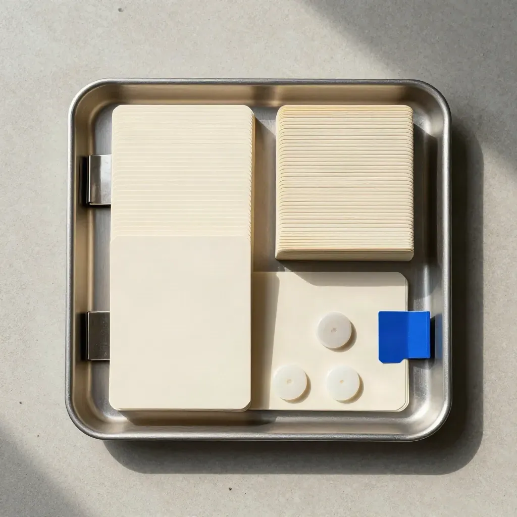 Overhead lead-list tray with cards, divider clips, and postcode tokens on pale concrete.
