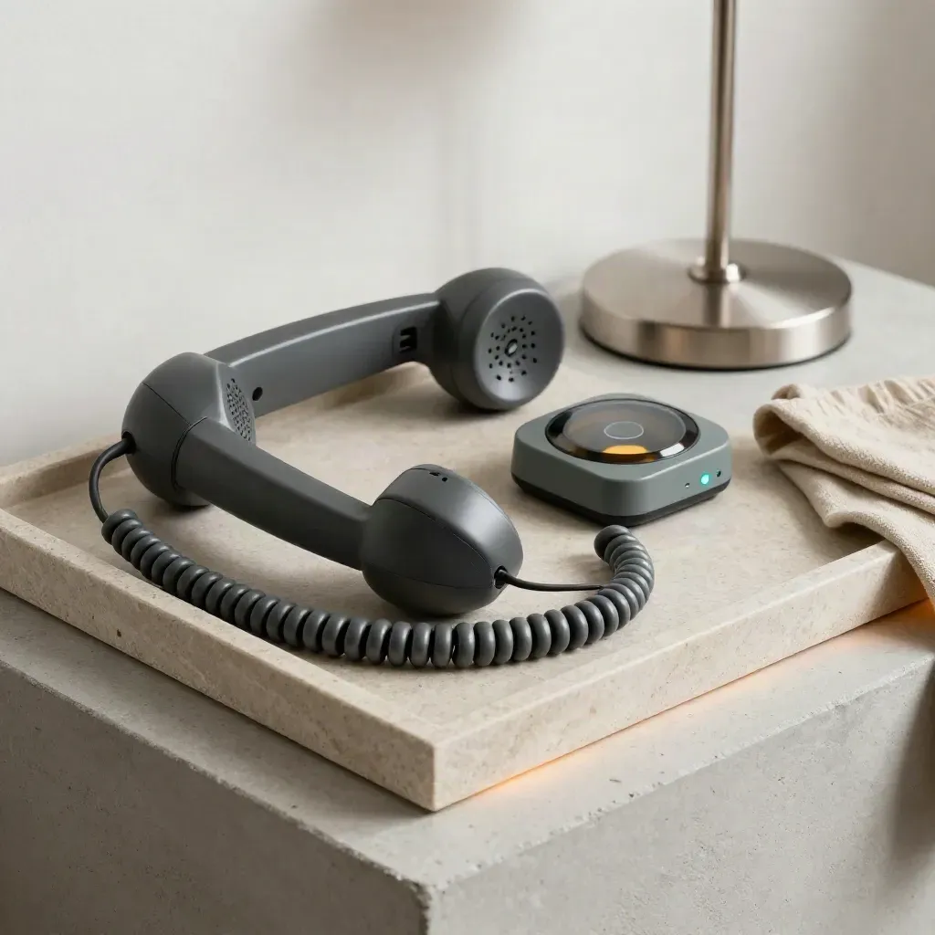 Low side-angle still life of handset, timer, lamp base and cloth on a limestone tray