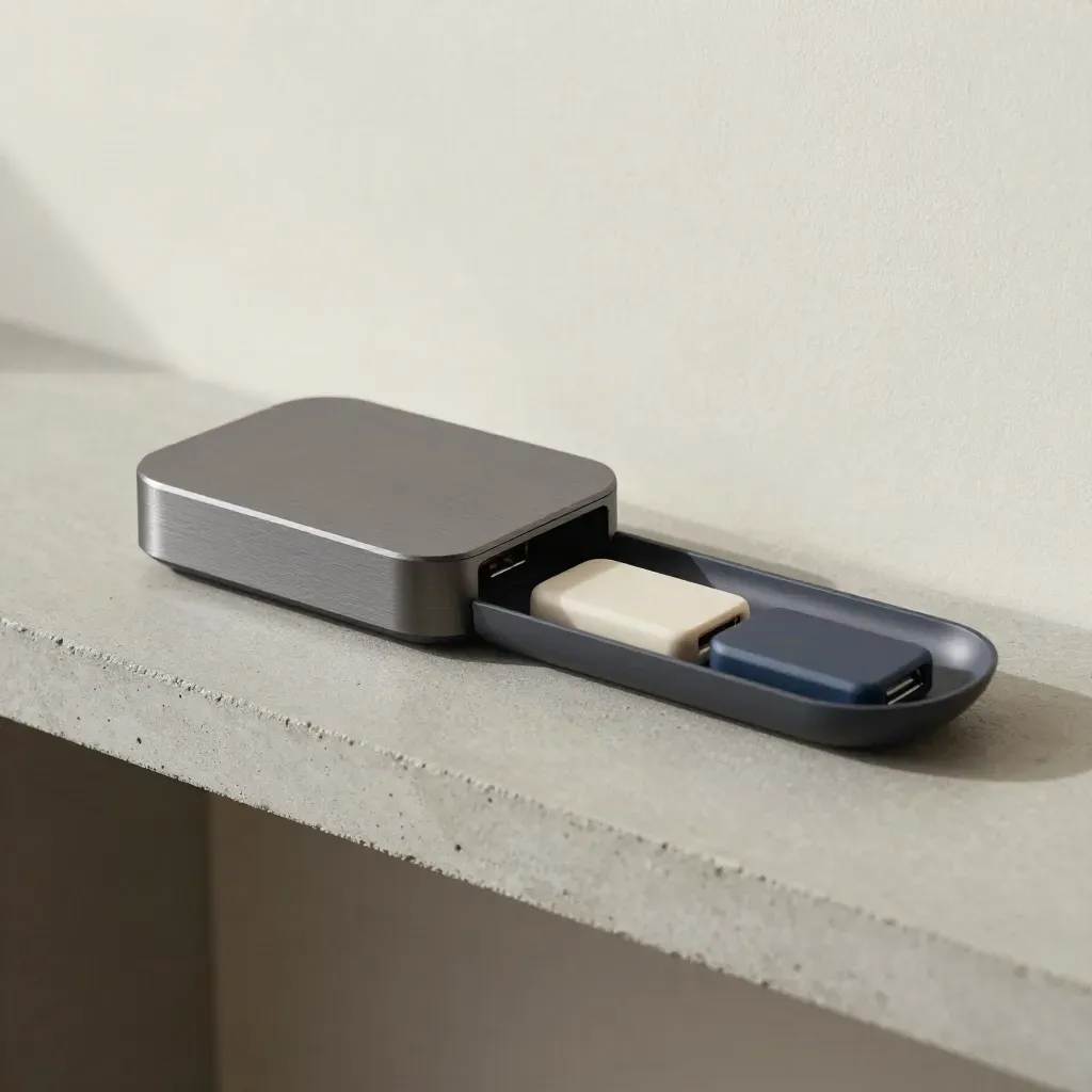 Docking hub with two USB drives and an output tray on concrete, lit by soft side daylight.