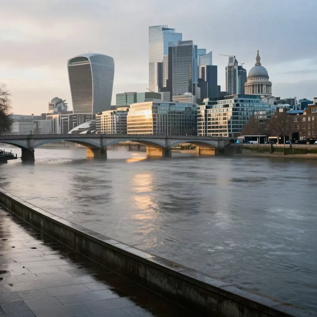 Thames curve with London skyline high, wet embankment and misty blue-hour reflections