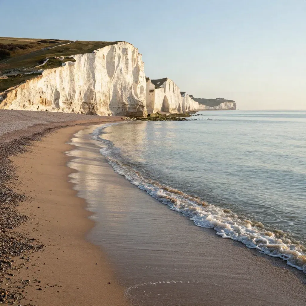 Brighton chalk cliffs and shingle beach at golden hour, calm tide, salt haze