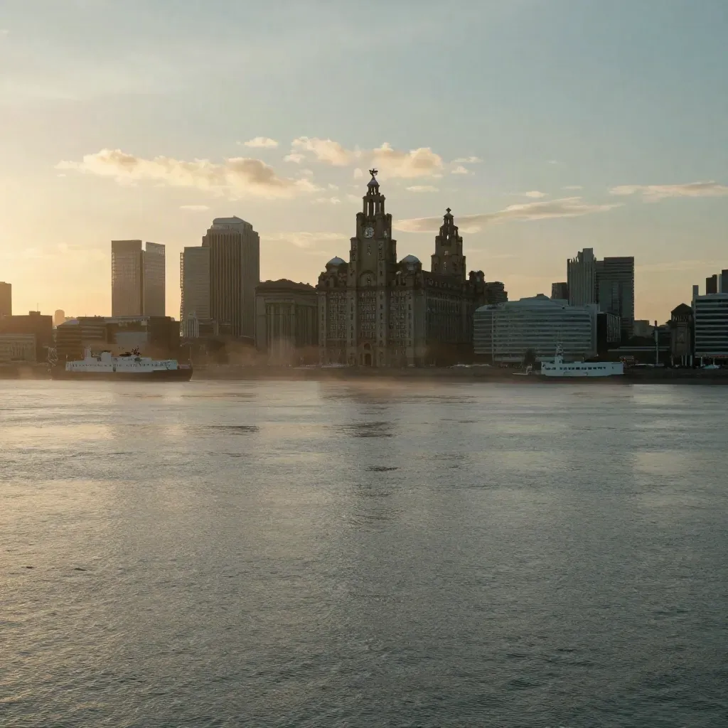 Liverpool waterfront silhouettes over calm Mersey water at sunset with mist and a broad open sky.