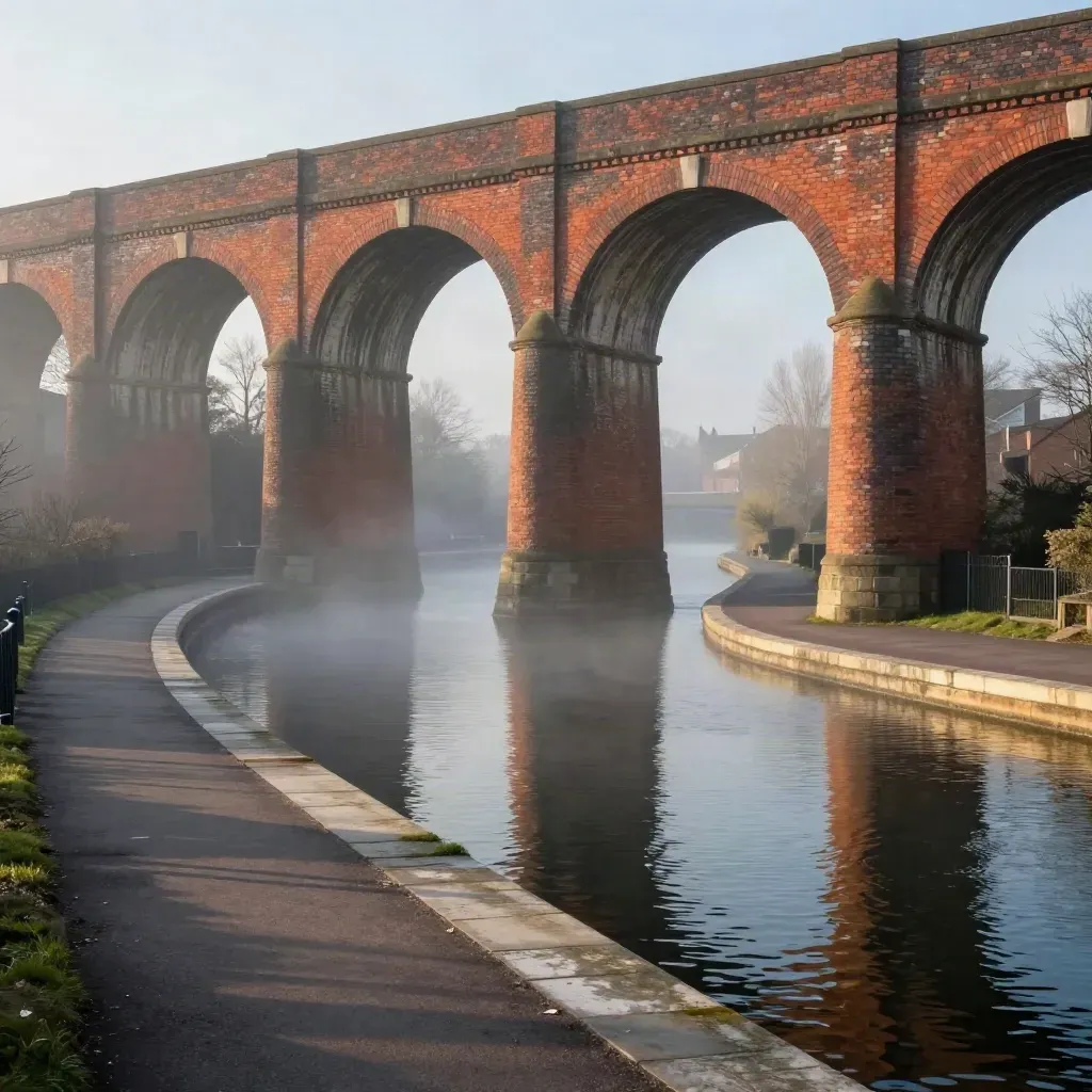 Dawn over Birmingham canal beneath a red-brick viaduct, calm water and misty quayside.